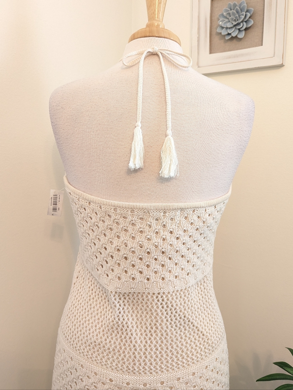 Old Navy Boho Cream Knit Crochet Halter Mini Dress Medium - Picture 9 of 12